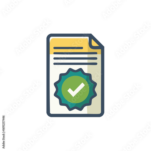 Approved document with green checkmark badge and text lines concept illustration