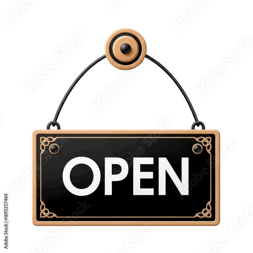 Vintage-style open sign, hanging from a brown wooden circle, with black rectangular sign and the word OPEN in white.
