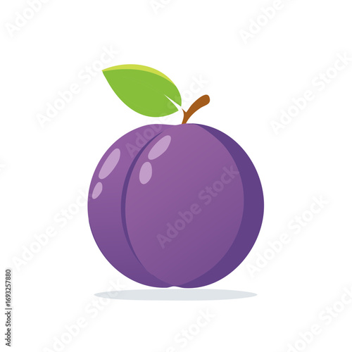 Ripe plum illustration featuring purple fruit, green leaf, and short brown stem on a white background, food graphics, isolated