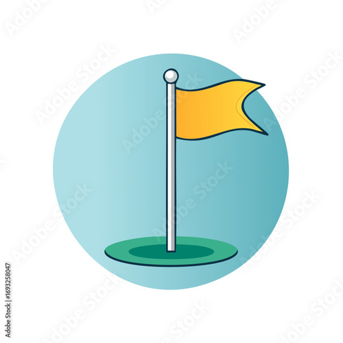Golf Course Putting Green Hole and Yellow Flag Icon in Circle, Leisure Activity