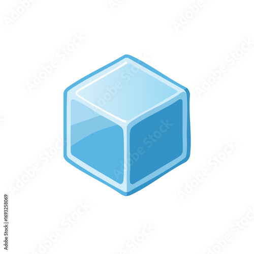 Blue ice cube illustration, cartoon style, isolated object, cool design.