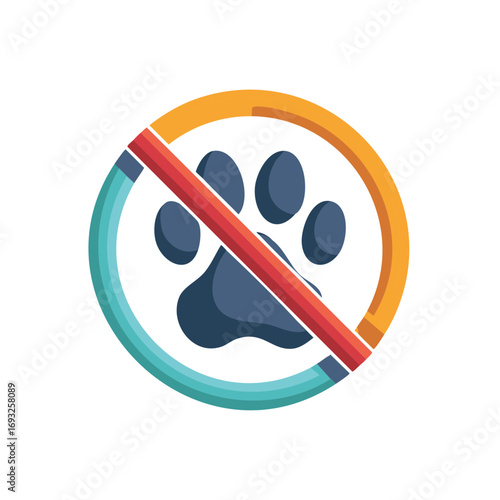 No pets allowed prohibition sign with paw print and cross in a circle, flat icon symbol design
