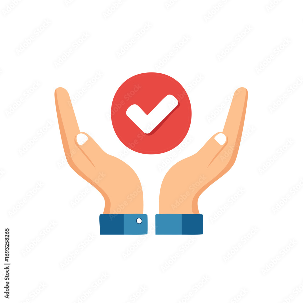 Fototapeta premium Hands holding a red circle with white checkmark symbol representing approval success or confirmation