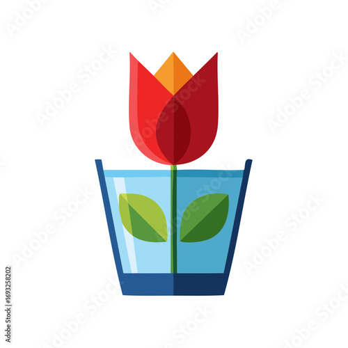 Red Tulip in a Blue Glass Vase with Water Modern Graphic Flower Illustration