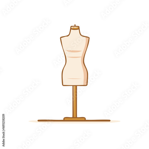 Illustration of a light colored mannequin on a stand with brown trim, design pattern