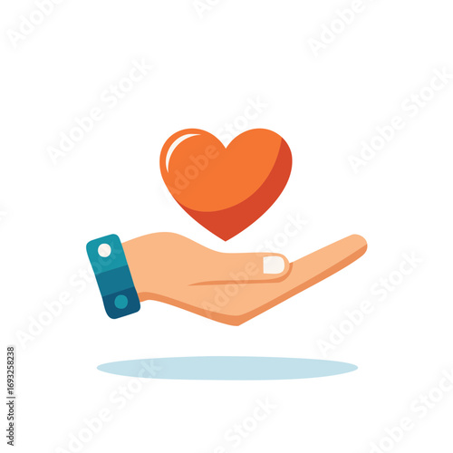 Hand offering a bright orange heart symbol of love care and giving