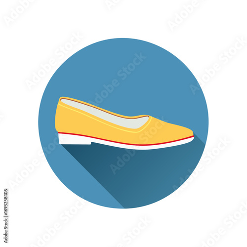 Flat Yellow Ballet Flat Shoe with Red Trim and Blue Circle Icon