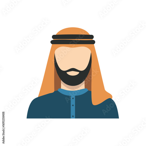Middle Eastern man illustration wearing traditional turban and blue shirt. Flat vector design