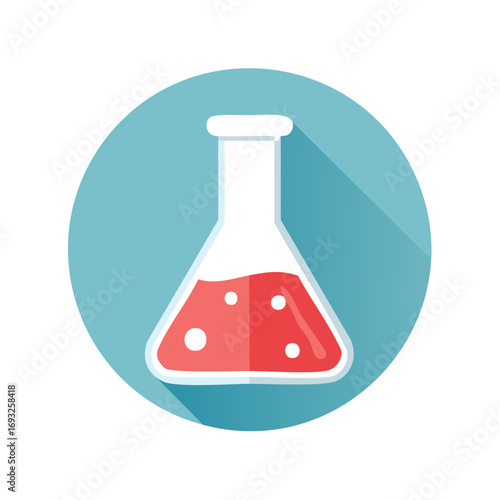 Red Liquid in Flask Round Icon Chemistry Experiment Medical Analysis Research Flat Design