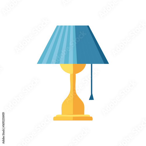 Stylish table lamp illustration with a blue striped lampshade and elegant golden yellow base design
