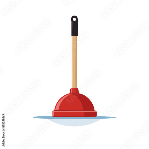 Red rubber toilet plunger with a wooden handle, flat vector illustration