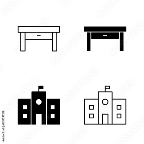 Desk and School Building Icons – Study and Education Symbol in Solid and Line Style