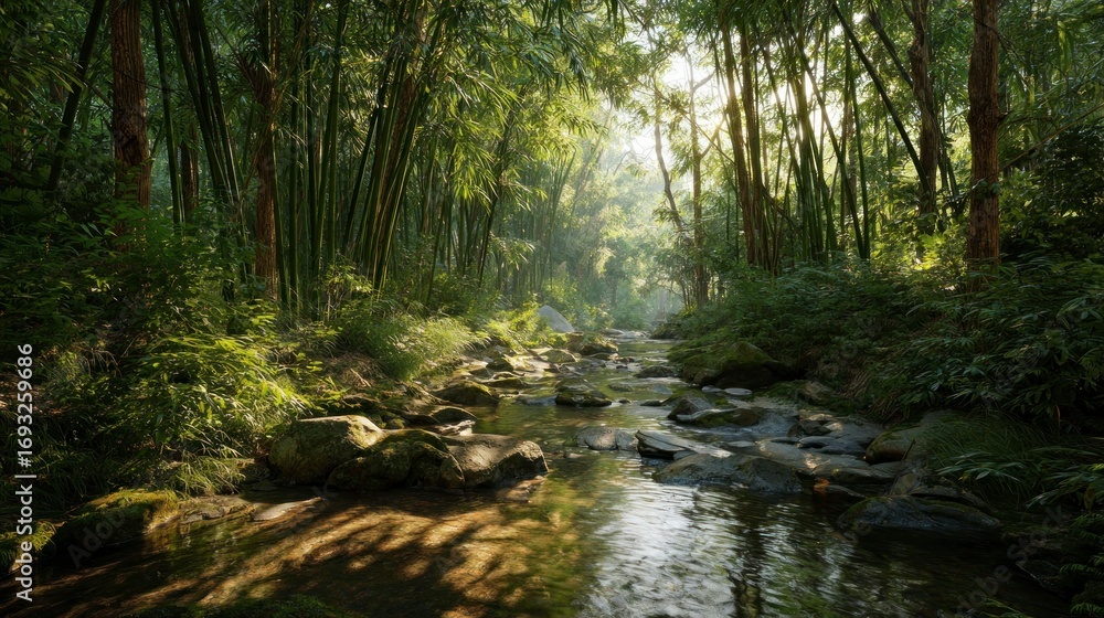 Obraz premium Sunlight streams through bamboo forest