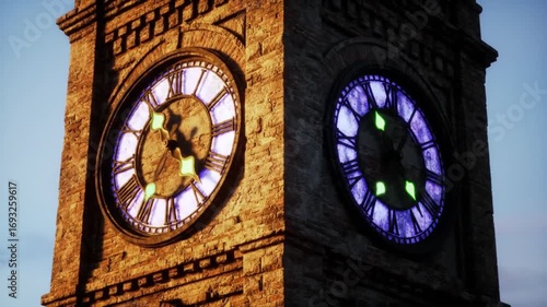 Majestic clock tower faces glow with vibrant light against twilight sky, symbolizing time's passage