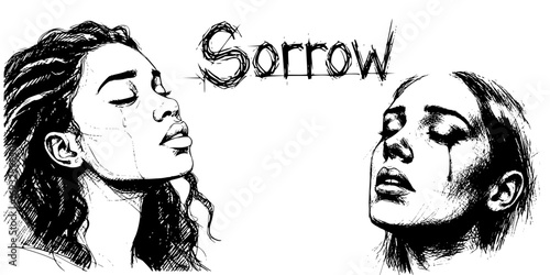 "Sorrow" sketch from the vector series "emotions on people's faces": Two women expressing sorrow with tears in black and white illustration  