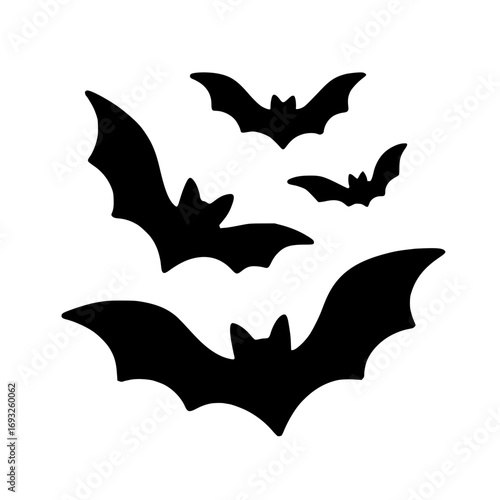 Black flying bat silhouettes, spooky Halloween design element, isolated
