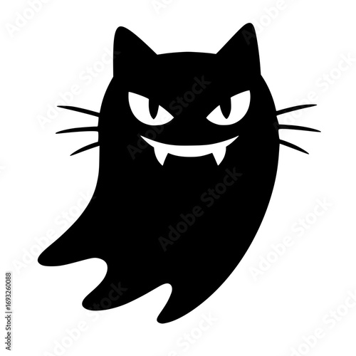 Isolated Spooky Black Ghost Cat Silhouette with Sharp Fangs
