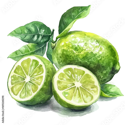 Lime, watercolor illustration vector, isolated on a white background.