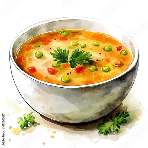 Lentil Soup, watercolor painting vector, isolated on a white background.
