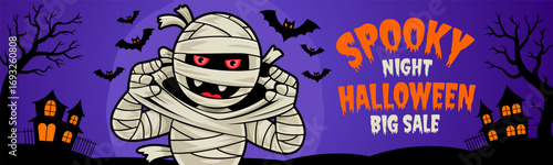 Halloween spooky night. Halloween Sale concept. Halloween banner design. Halloween Sale poster template with mummy. Halloween Promotion poster. Happy Halloween greeting card. Vector illustration