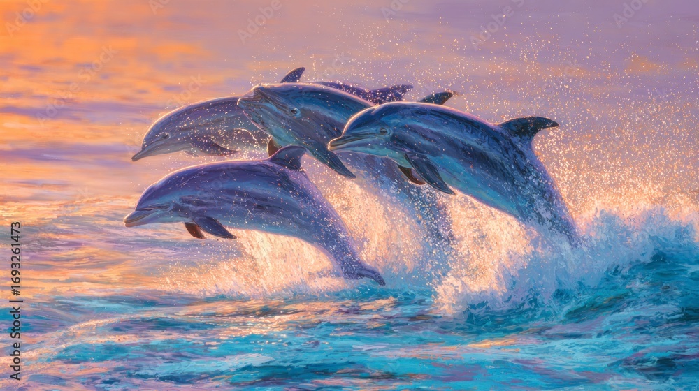 Fototapeta premium Dolphins jumping sunset seascape