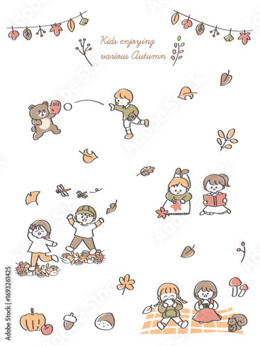 秋をさまざまな形で楽しむ子供たちのかわいいイラストセット