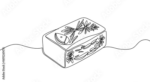 Line drawing of a decorated soap bar on a transparent background  
