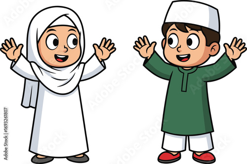 Two smiling children in cultural attire, white hijab and green tunic, waving hands, cheerful friendship vector art, playful diversity illustration, traditional clothing design