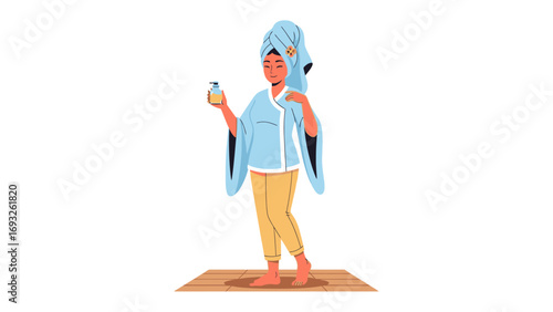 Cute cartoon chibi style woman with colorful streaks in her hair wearing an apron and holding a tray of makeup brushes