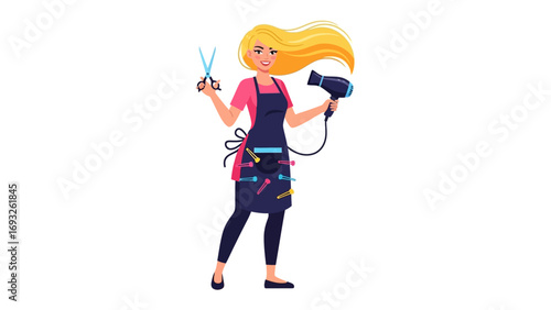 Two stylish women one a hairdresser holding scissors and hairdryer the other a stylist holding long brown hair extensions isolated on white background