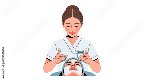 Young woman with dark hair applying a pink sheet mask with circular cutouts to her face while holding a serum bottle