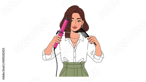 Young asian woman with dark hair wearing an apron holding a nail polish brush and a selection of colorful nail polishes