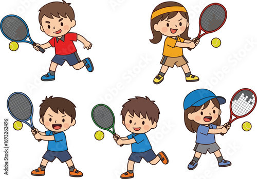 Group of cartoon children playing tennis, holding rackets and balls, sporty activity vector art, playful kids sports illustration, energetic outdoor recreation design