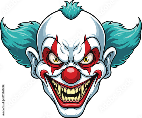 Cartoon scary clown face illustration, creepy circus character design, horror Halloween concept art, evil smile vector graphic, cad drawing flat vector illustration