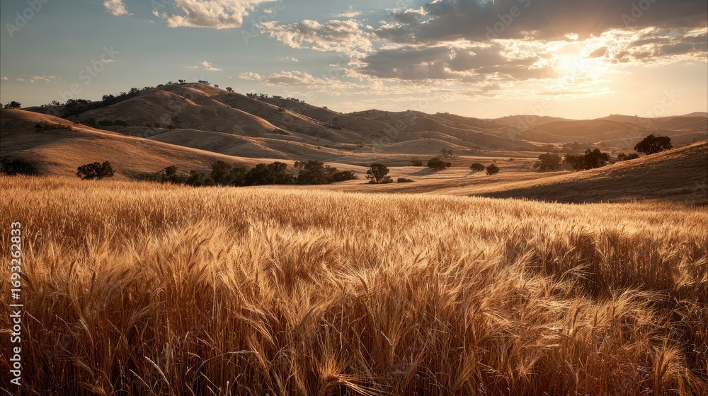Fototapeta premium Golden wheat field at sunset, rolling hills