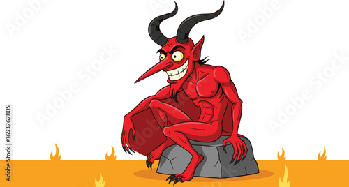 Cartoon red devil character sitting on rock, humorous fantasy creature illustration, hell fire background vector art, cad drawing flat vector illustration