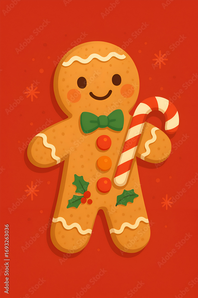 Naklejka premium Cute gingerbread man holding candy cane, Christmas holiday mascot illustration