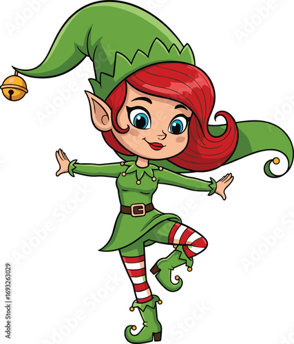 Cartoon festive female elf character, Christmas holiday helper illustration, cheerful Santa’s assistant design, winter fantasy vector art, cad drawing flat vector illustration