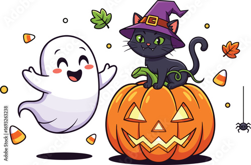 Cheerful ghost with jack-o’-lantern pumpkin, black cat in witch hat, autumn leaves, candy corn, festive Halloween vector art, playful seasonal holiday illustration