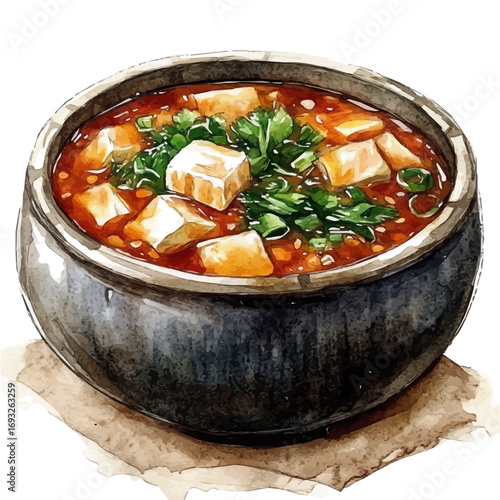 Kimchi Stew, watercolor drawing vector, isolated on a white background.