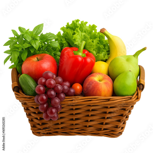 Rustic Wicker Basket Filled with Fresh Fruits and Vegetables