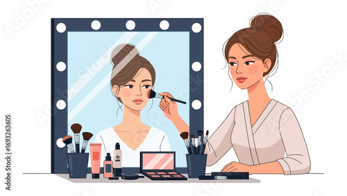 Young woman in a towel and turban applying facial serum and cleansing her face with cotton pads for skincare routine and self care