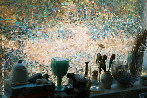 Cool mosaic glitter stained glass window with objects bong display on window swill