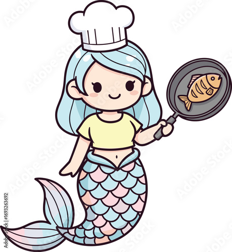 Cute mermaid chef character, wearing white hat and yellow top, holding frying pan with cooked fish, colorful tail, playful fantasy cartoon vector art