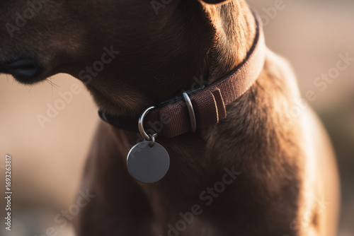 Dog wearing collar with blank round ID tag