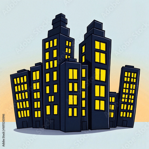 Stylized city skyline at night with yellow windows and cozy atmosphere 