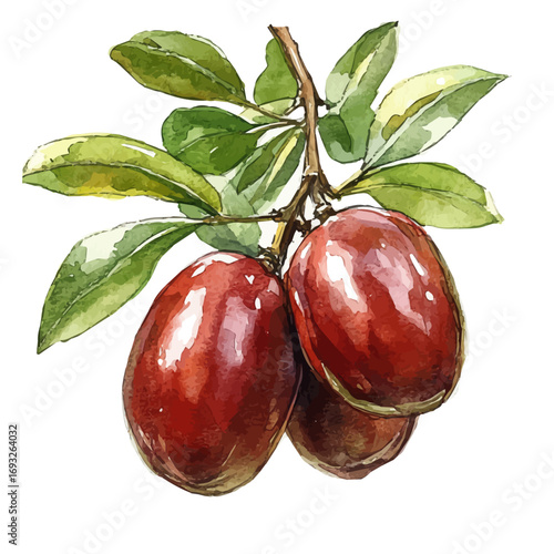 Jujube, watercolor vector, isolated on a white background.