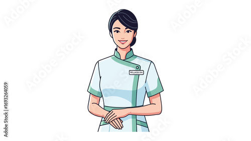 A friendly female healthcare professional wearing a green uniform and glasses holds a bowl filled with fresh herbs and natural ingredients for holistic wellness