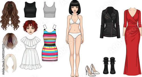 Cartoon female paper doll character set, dress up clothes and accessories illustration, fashion styling game vector art, cad drawing flat vector illustration