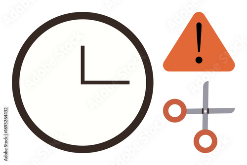 Clock representing time, scissors symbolizing decision or cut-off, and caution sign indicating alert or risk. Ideal for efficiency, deadlines, planning, prioritization, risk management, productivity